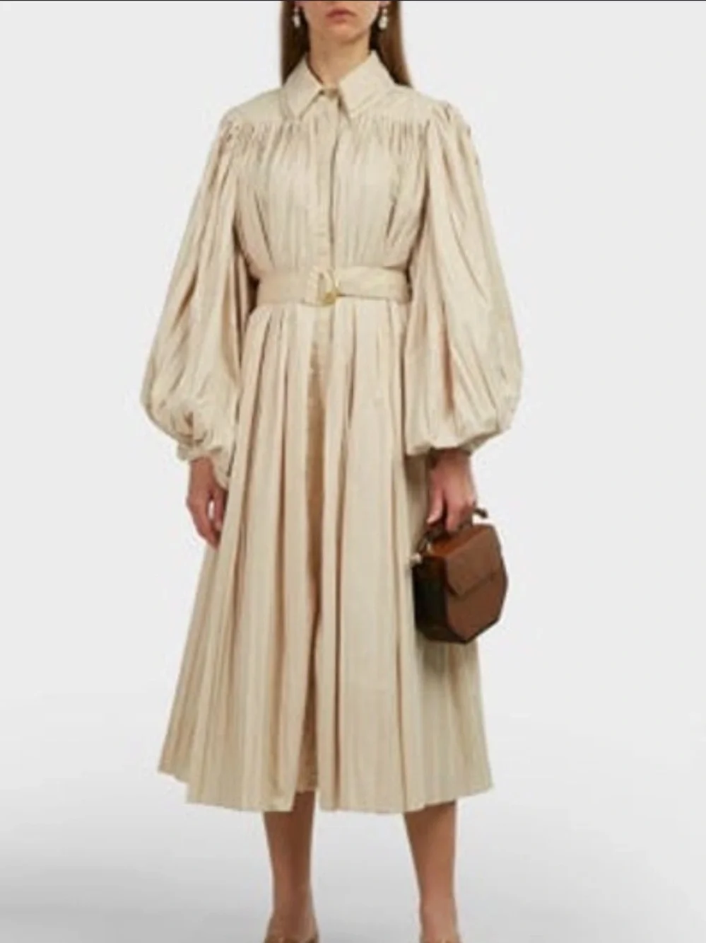 Aje Prima Pleated Long Sleeve Midi Dress in Light Beige - Picture 2 of 6